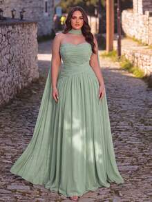 Faeriesty Elegant Plus Size Strapless Evening Gown - Ruched Bodice Design, Open Back Design, Fluid Cut Party Wedding Fall - Green - View 4