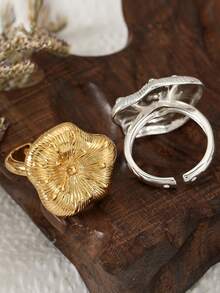1pc Vintage Textured Flower Open Cuff Ring, Gold Silver Plated Wide Adjustable Finger Ring, Retro Floral Stackable Jewelry For Women Daily Party Gift - Flower Ring - View 2