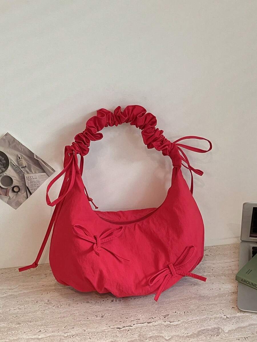 1pc Red Bow Nylon Fabric Pleated Cloud Bag With Zipper Closure, Women's Shoulder Crossbody Handbag, All Season Youth Style - Red - View 1