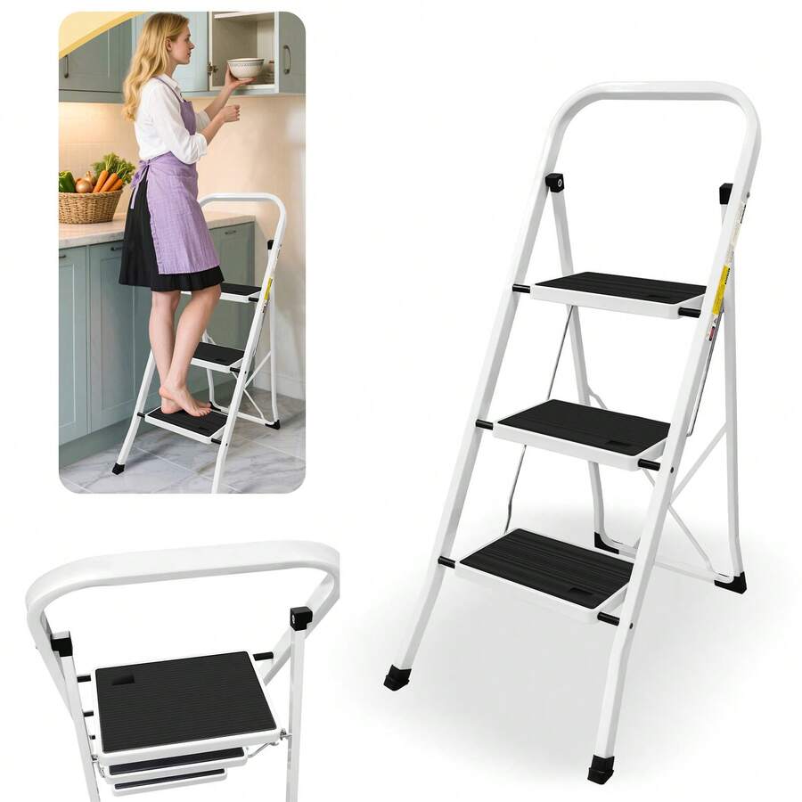3 Step Steel Ladder Foldable Heavy Duty Steel Non Slip Tread Stepladder 330lb Max Capacity Kitchen Home Garden Step Stool