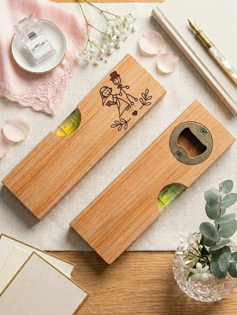 Engraved Wooden Bottle Opener With Built-In Level Personalized Text Design Gift Elegant Present For Valentine's Christmas Wedding Perfect For Husband Partner Kitchen Use Home Decor Wedding Decor - Multicolor - View 1