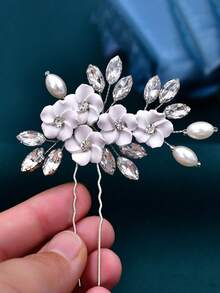 1pc Elegant Bridal Hair Pin Soft Clay Flower Women Hair Accessory Suitable For Wedding Party - Silver - View 4
