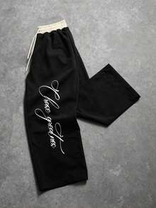 Men's Casual Numeric Print Sports Pants, Patchwork Street Style Joggers, Spring/Summer - Black - View 2