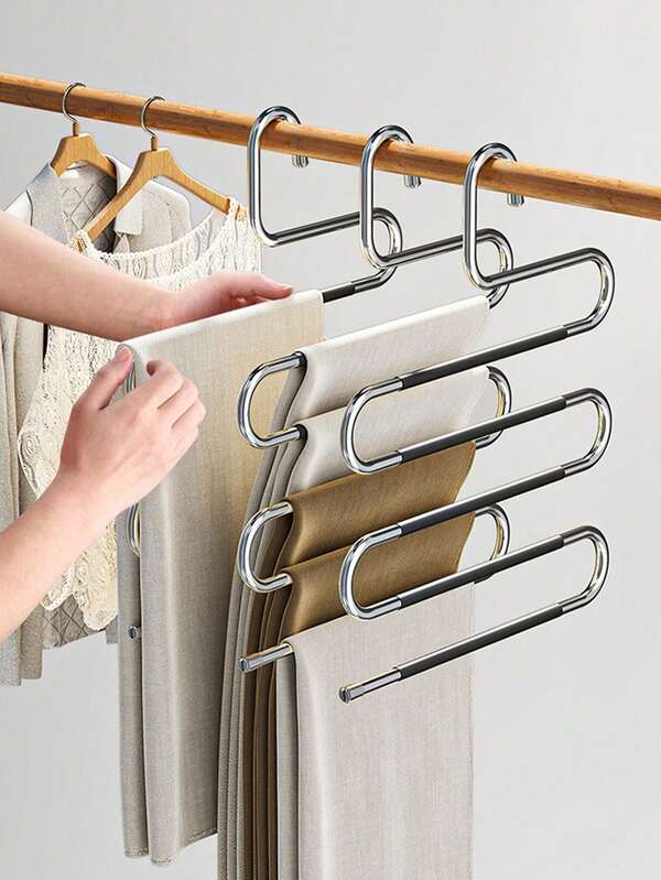 Five-Layer Stainless Steel S-Type Pants Rack, Clothing Storage Rack, S-Shaped Hanger Wardrobe Organizer, Pants Hangers, Space-Saving Pants Hangers, Pants Hanger Rack, Pants Hanger Metal, Anti Slip Storage, A Drying Tool For Home Kitchens