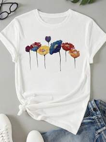 Women's Round Neck T-Shirt, Colorful Flowers Abstract Art Graphic, Casual And Fashionable Style, Suitable For Outdoor Sports And Holiday Gifts - 白色 - 查看 3