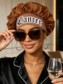 1件玫瑰紅緞面睡眠帽，輕量護髮帽，12星座印花緞面睡眠帽 大號帽寬鬆彈性帶 絲滑護髮 - 棕色 - 查看 3