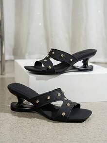 Sandalias de tacón alto con punta cuadrada negra estilo europeo & americano con decoración de strass & tachuelas, punta abierta, elegantes y versátiles para el día a día - Negro - Ver 3