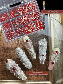 KIRAME 1800顆紅色平底圓形水鑽，高品質超亮美甲寶石套組，含1件點花工具，1-5mm亮面美甲水晶，適用DIY居家美甲、美甲沙龍、美甲用品、夏季與旅行美甲、節日禮物美甲飾品 - 紅色 - 查看 5