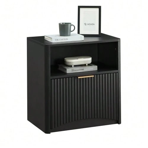 Grooved Bedside Table With Open Drawer And Gold Handles, Space-Saving, Ideal For Bedrooms And Living Rooms, Black - Black - View 1
