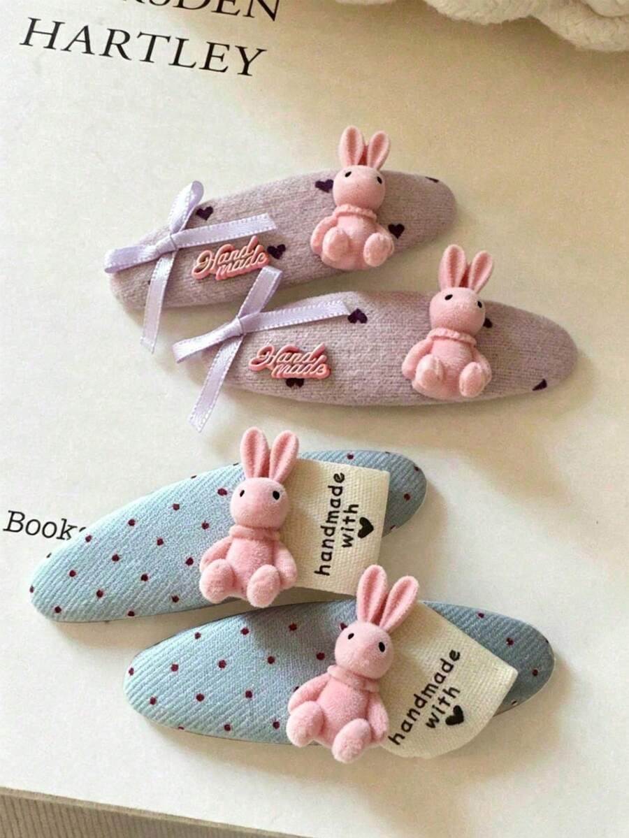 2pcs Korean Style Polka Dot Heart Pink Rabbit Hair Clips, Bangs Clips, Side Hair Clips (Hair Clips May Vary Slightly Between Batches) - Multicolor - View 1