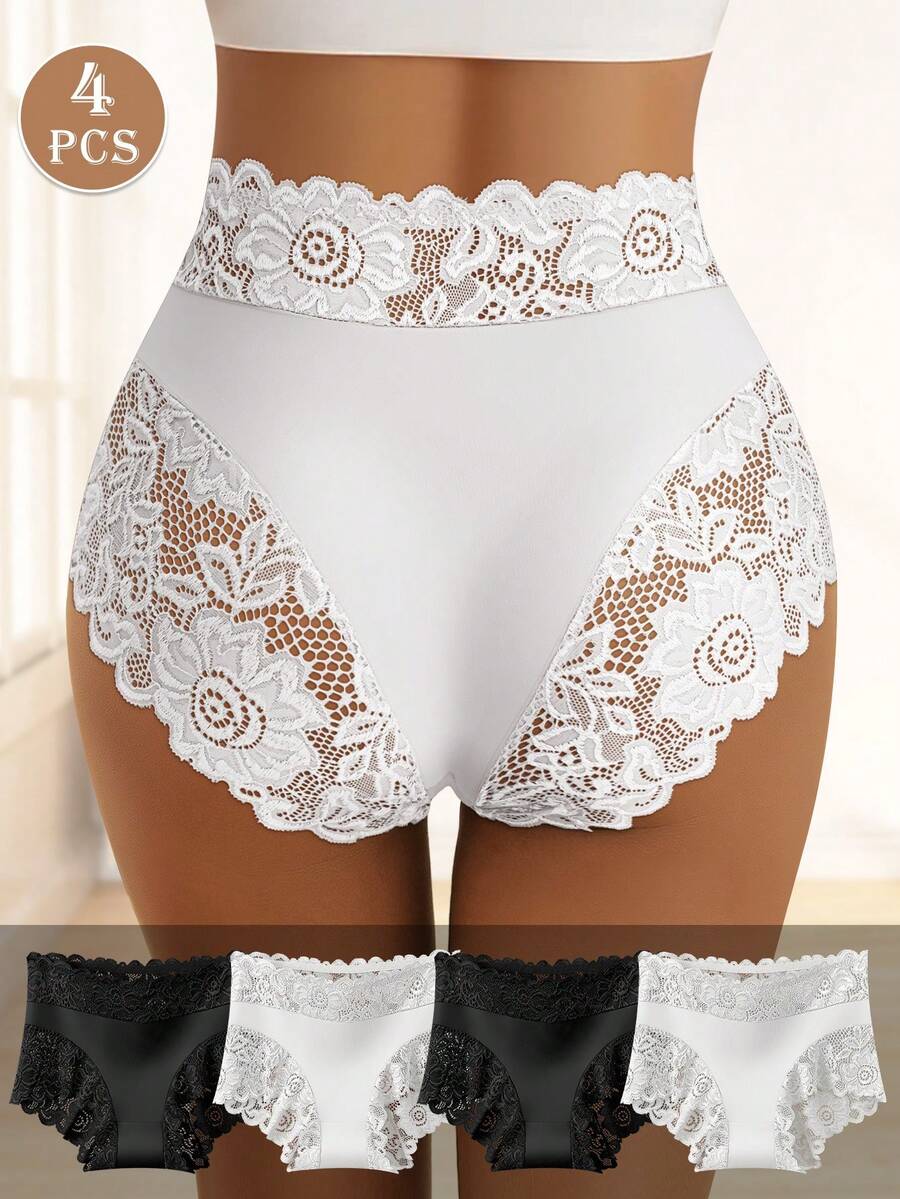 4 buah celana dalam wanita polos pinggang tinggi dengan motif renda, desain elegan & premium, kain elastis, penting untuk pemakaian sehari-hari. - MultiWarna - View 1