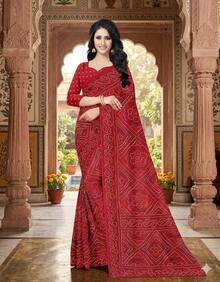 Estationeryhouse Bandhani Printed With Leaf Design Border With Unstitched Blouse Pc - Red - View 1