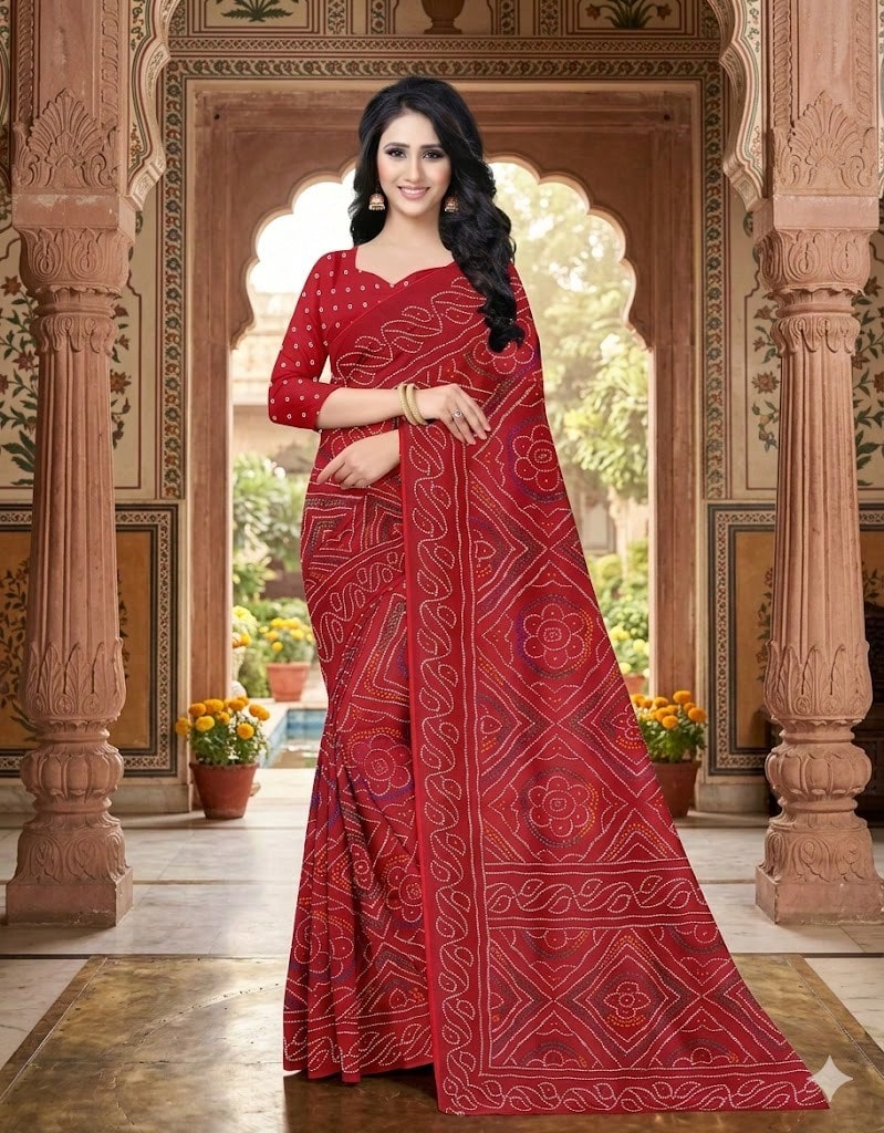 Estationeryhouse Bandhani Printed With Leaf Design Border With Unstitched Blouse Pc - Red - View 1
