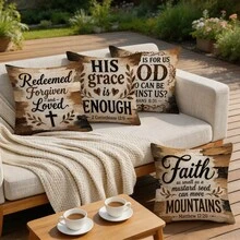 4pcs Vintage Wood Grain Bible Inspirational Scripture Cushion Covers, Single-Sided Printed Peach Skin Velvet Polyester Material, 45*45CM/18*18inch Pillow Covers Suitable For Room Decor, Modern Minimalist Sofa Living Room Decoration, Gift Giving, Party Decoration - Multicolor - View 6