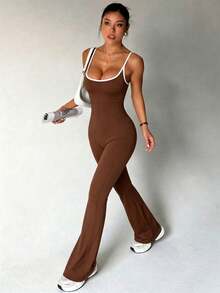 Damen Sommer Jumpsuit mit ausgestelltem Bein, elastische Yoga Hose, sexy rückenfreier Jumpsuit, unverzichtbar für Fitness, Pendeln, Streetwear und tägliche Outfits Sport - Braun - Übersicht 4