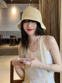 1件女款經典鏤空透氣草帽，春夏海灘旅行草帽，可折疊遮陽帽，百搭編織水桶帽，適合戶外旅行、海灘旅遊、日常穿搭 - 彩色 - 查看 2