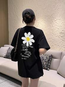 女款時尚休閒寬鬆字母與雛菊印花短袖T恤，夏季百搭黑色 - 黑色 - 查看 3