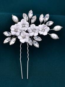 1pc Elegant Bridal Hair Pin Soft Clay Flower Women Hair Accessory Suitable For Wedding Party - Silver - View 7