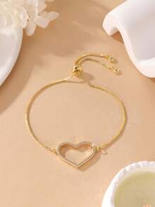 GEREIT 1pc Exquisite Fashion 14K Gold Plated Copper Zirconia Heart Buckle Versatile Women's Adjustable Bracelet, Suitable For Daily Wear, Mother's Day Gift - Multiple Styles - View 5