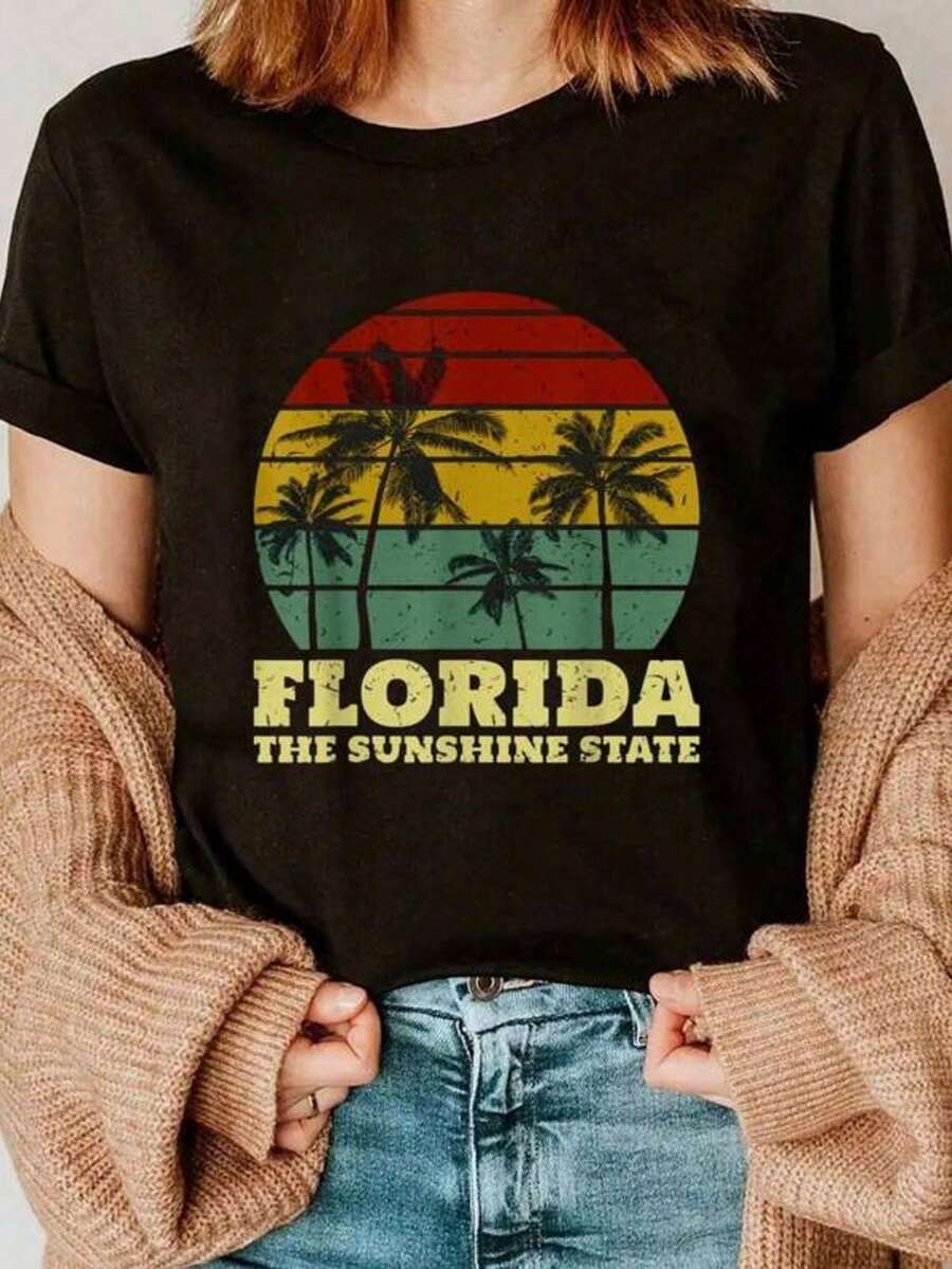 Camiseta de algodón de manga corta para mujer estilo surfista de Florida, el estado del sol, de verano
