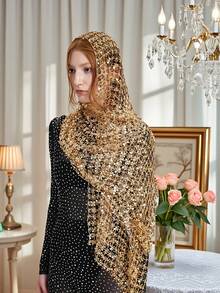 Plus Size - Plus Size - Luxury Banquet Party Dress With Handmade Sequins, Shawl For Women, Multiple Ways To Wear - 金色 - 查看 4