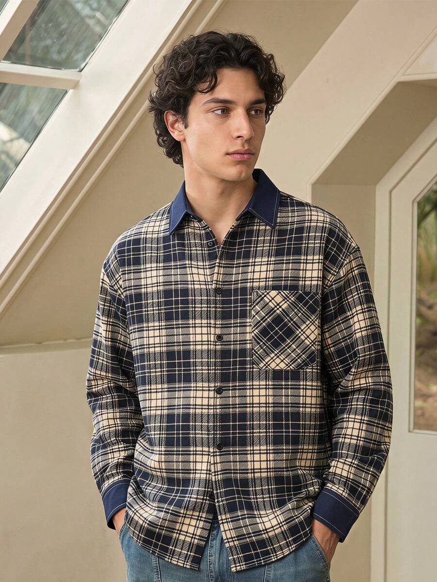 Whitmere Men's Spring/Autumn Fashion Casual Daily Commute College Style Printed Drop Shoulder Loose Long Sleeve Shirt - Multicolor - View 1