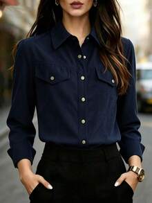 Women's Autumn/Winter Corduroy Solid Color Shirt - Navy Blue - View 8