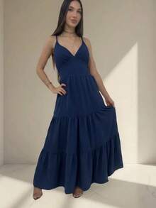 Women's Duna Ruffled Maxi Dress With Built-In Bra - Elegance, Lightness And Perfect Drape. - Navy Blue - View 3