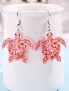 1 Pair Refreshing Summer Cute Minimalist Creative Design Fashion 2D Rhinestone Ocean Creature Pink Sea Turtle Acrylic Earrings Suitable For Beach Seaside Vacation Holiday Party Wear Women's Earrings - Multicolor - View 6