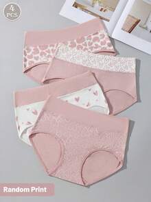 4 piezas/paquete Bragas tipo hipster de algodón transpirable y elástico de cintura alta con diseño de corazón rosa para mujeres - Multicolor 5 - Ver 2