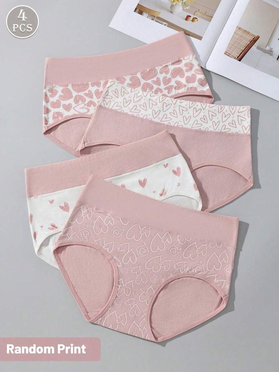 4 piezas/paquete Bragas tipo hipster de algodón transpirable y elástico de cintura alta con diseño de corazón rosa para mujeres
