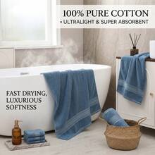 1pc Towel/Bath Towel & 2pcs Set (Bath Towel + Towel)/2pcs Bath Towel Set, Premium Cotton, Reversible, Gold Ribbon, Thick, Absorbent, Soft, Skin-Friendly, Home, Face, Bath, Body, Bathroom Essentials - Blue - View 7