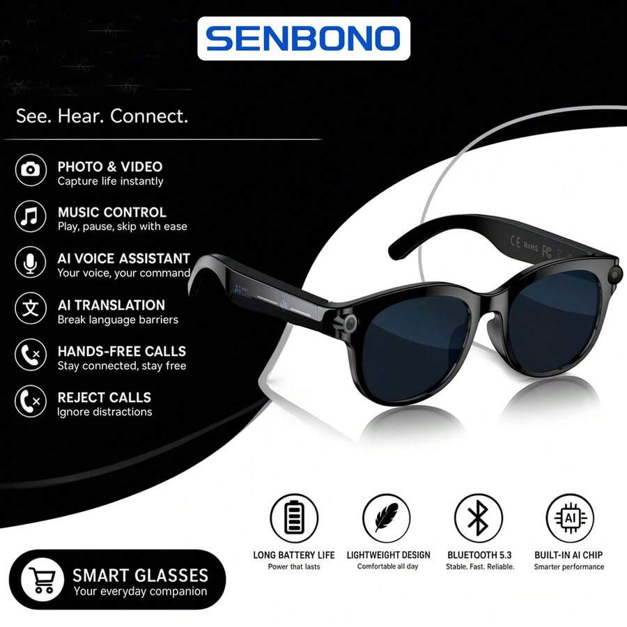 نظارات ذكية SENBONO مع كاميرا HD بدقة 8 ميجابكسل، نظارات صوتية بلوتوث، مكبر صوت وميكروفون مدمج، تدعم تسجيل الفيديو والتقاط الصور بدون استخدام اليدين، متوافقة مع نظام iOS/Android، مناسبة للرجال والنساء - مشاهدة 1