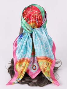1pc 90*90cm Women Bandana Bohemian Style Fashion Paisley Print Satin Scarf, Daily Casual Elegant Plus Size Headscarf Sun Protection Shawl - Mint Blue - View 1