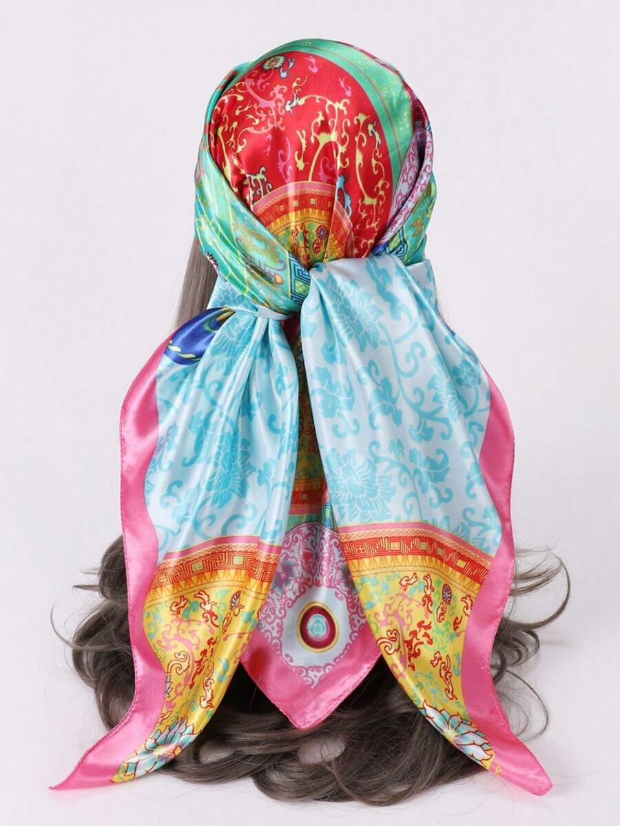 1pc 90*90cm Women Bandana Bohemian Style Fashion Paisley Print Satin Scarf, Daily Casual Elegant Plus Size Headscarf Sun Protection Shawl - Mint Blue - View 1
