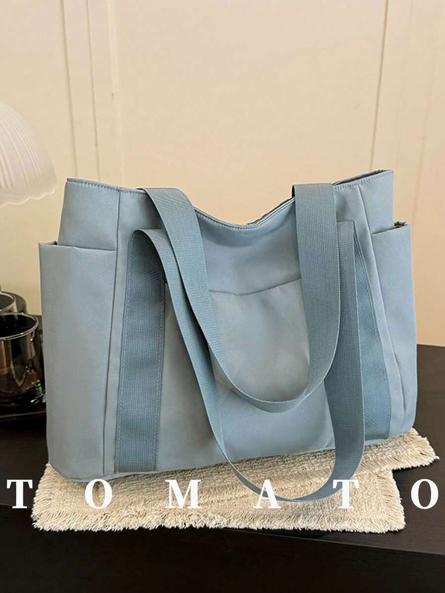 Tas Tote Kasual Minimalis Warna Polos Bergaya, Kapasitas Besar, Tas Bahu Wanita, Liontin Tidak Termasuk