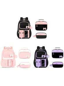 Set de 3 mochilas con bloques de color lindos, que incluye una mochila escolar con decoración de lazo adorable, cierre con cremallera, gran capacidad y múltiples bolsillos, ligera, adecuada para varias ocasiones como la escuela o viajes, regalo de regreso a clases - A - Ver 8