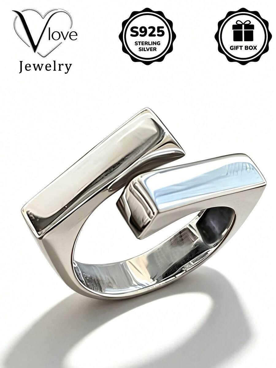 1pc S925 Sterling Silver Minimalist Geometric Cube Metal Ring, Versatile Silver Jewelry, Accessories, Suitable As Gift For Girlfriend, Mom, Valentine's Day, Comes With Gift Box - Silver - View 1