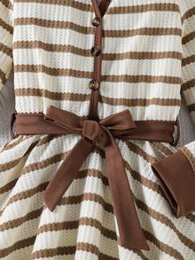 Left Mama Elegant & Graceful Long Sleeve Striped Dress With Collar For Girls, Spring/Autumn - Khaki - View 6