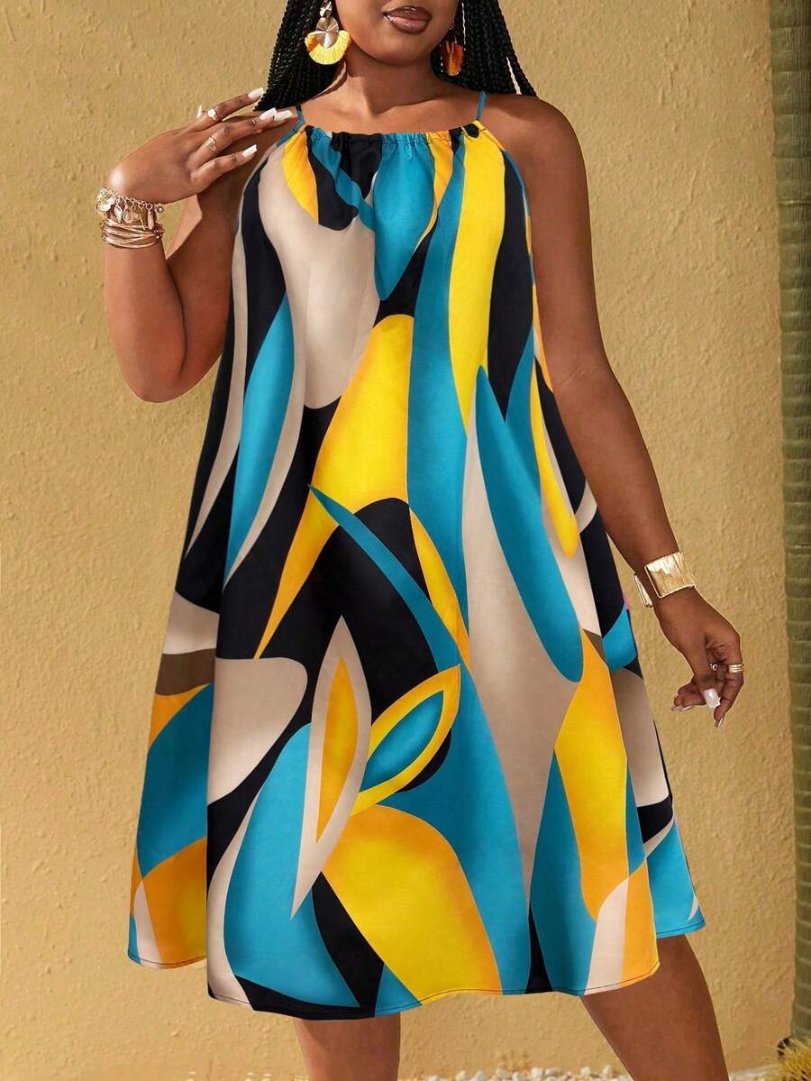 Vestido de Verano para Mujer Talla Grande Maweii, Estampado Multicolor de Líneas Asimétricas, Tirantes Ajustables, Corte en A, Sin Mangas, para Vacaciones - Multicolor 12 - Ver 1