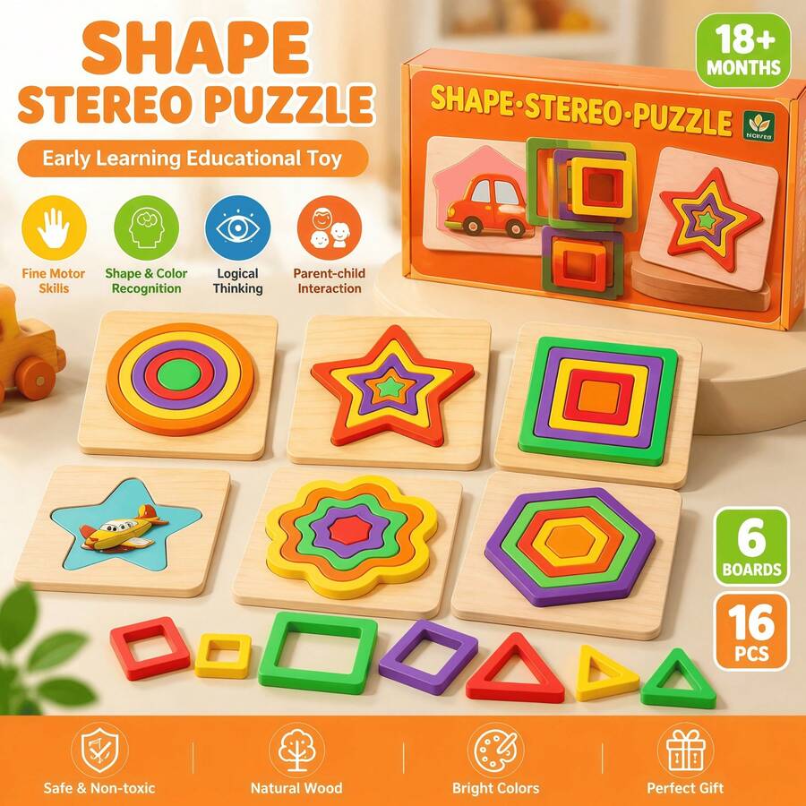 Wooden Shape Stacking Puzzle Set, Montessori Geometric Sorting Toy, CE And CPC Certified, Suitable For Toddlers