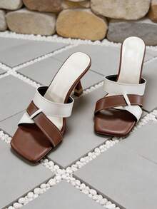 Women Square Toe Slide Sandals Color Block Cross Strap Design Slim Heel Stable Lightweight Commuting Casual - White - View 4