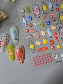 1Sheet Summer Picnic Clear Nail Stickers, 3D Raised Drip Glaze Seafood Fruit Plaid Nail Decals, Cute Shrimp Lemon Fish Self-Adhesive Nail Accessories For Vacation Nails - Multicolor - View 4