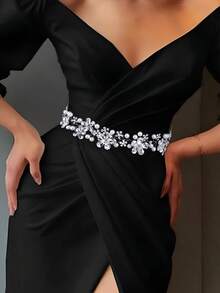 1pc Fashion Rhinestone Faux Pearl Bridal Waist Belt, Wedding Dress Gown Accessory, Women's Belt Suitable For Daily Wear, Party, Holiday, Gathering - Silver - View 2