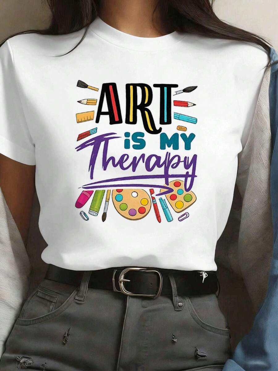 Camiseta de impresión gráfica de terapia artística, primavera, algodón premium, cuello redondo, ajuste fácil, cómoda, street hip-hop - Blanco - Ver 1