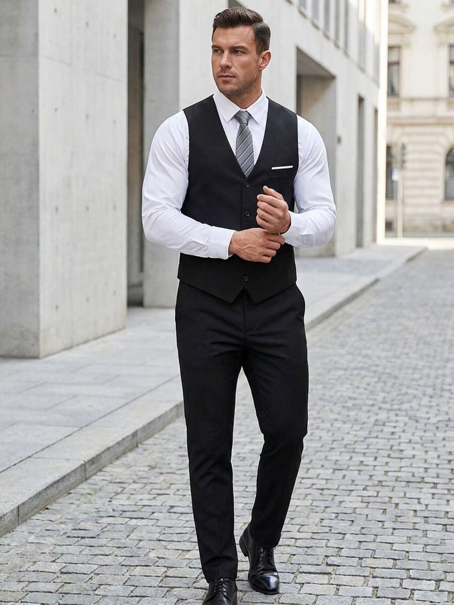 WindsorQuad Bộ vest nam 3 món màu trơn thanh lịch dáng ôm, gồm gilet, quần tây và cà vạt, phong cách quý ông, phù hợp đi làm công sở, đám cưới, tiệc tùng, dạ hội - màu đen - Xem 1