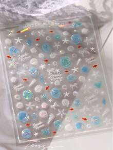 5D 浮雕金魚海洋美甲貼紙，全息藍色波浪貝殼海星自黏式美甲貼花，夏季海灘度假多巴胺風 DIY 美甲裝飾，適用於夏季居家沙龍美甲與穿戴甲配件，1 張 - 淺藍色 - 查看 5