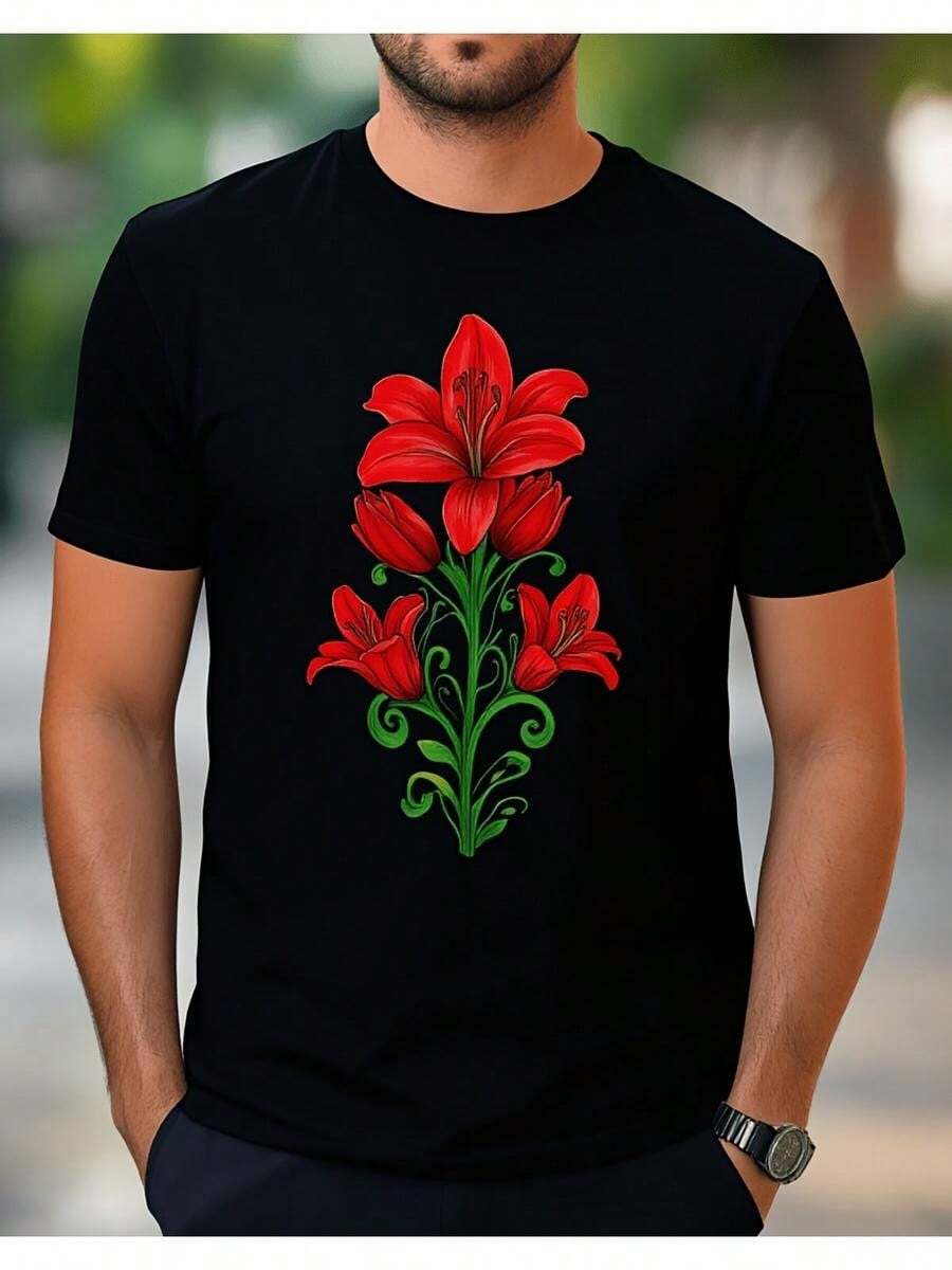 Men's Soft Breathable Black T-Shirt With Red Lily Print Painted With Decorative Spiral Stems, Loose Fit Ideal For Smart Casual Look And Everyday Wear With An Artistic Style - 黑色 - 查看 1