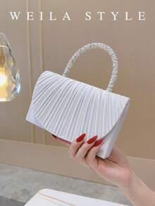 Elegant Silver Satin Pleated Evening Clutch Bag With Rhinestone And Pearl Handle, High-End Bridesmaid Wedding Dress Bag, Sophisticated Lady Crossbody Small Square Bag With Detachable Chain, Suitable For Formal Banquets, Balls, Parties, Holiday Celebrations, Dates, Social Events, Anniversary, Valentine's Day, Christmas, Mother's Day, Thanksgiving, Birthday Gift - Silver - View 2