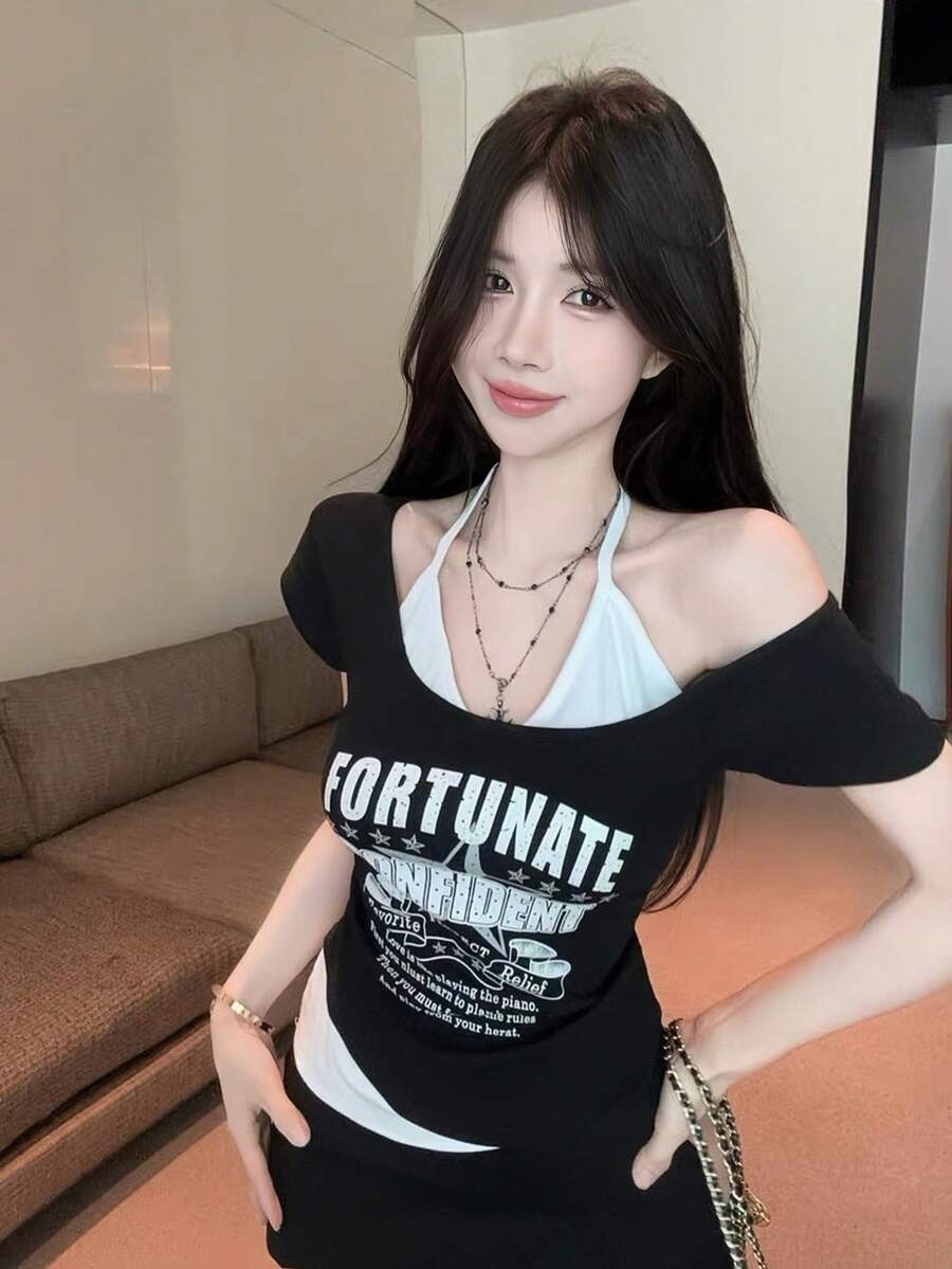 美式風 2 合 1 印花掛脖短袖 T 恤,女款夏季新款辣妹 INS 風上衣,黑色 - 黑色 - 查看 1